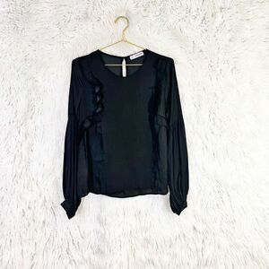 Petrune Black Chiffon Blouse V-Neck Ruffle Balloon Sleeve Women's Top